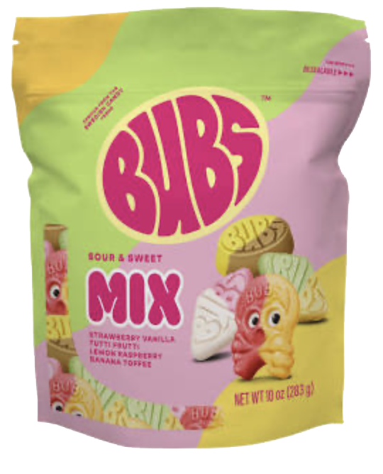 Pastel BUBS Sour and Sweet Mix pouch showing assorted skull and oval gummy candies.