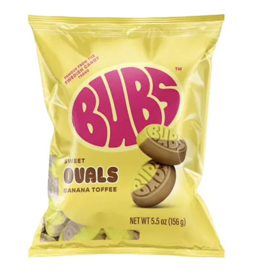 BUBS banana and toffee oval gummy candy packaging.