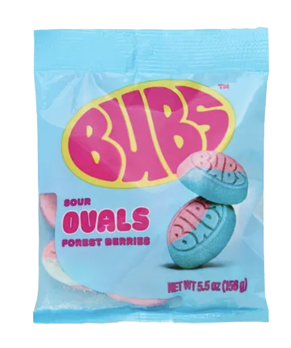 BUBS berry oval gummy candy packaging.