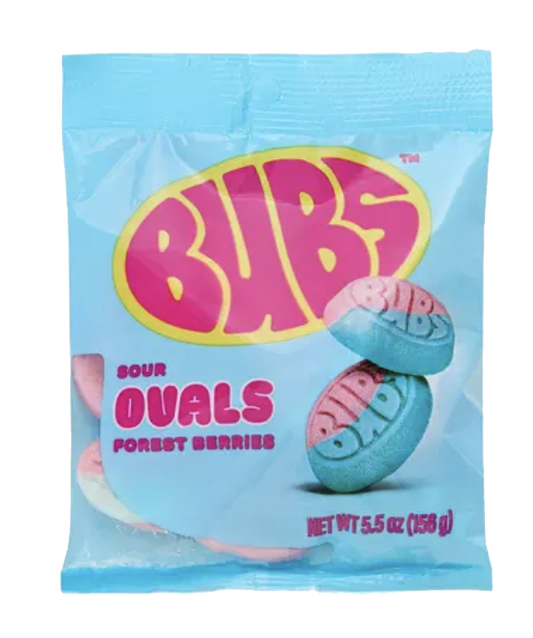BUBS berry oval gummy candy packaging.