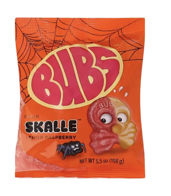 Orange BUBS Halloween Skalle bag showing lemon and raspberry skull gummies.