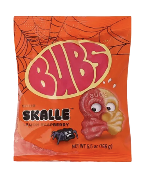 Orange BUBS Halloween Skalle bag showing lemon and raspberry skull gummies.