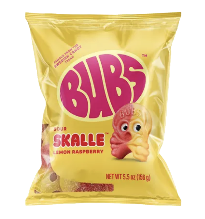 BUBS raspberry and lemon skull gummy candy packaging.