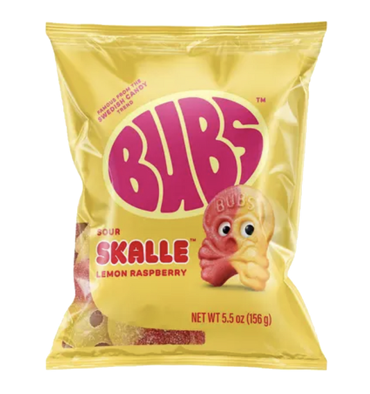 BUBS raspberry and lemon skull gummy candy packaging.