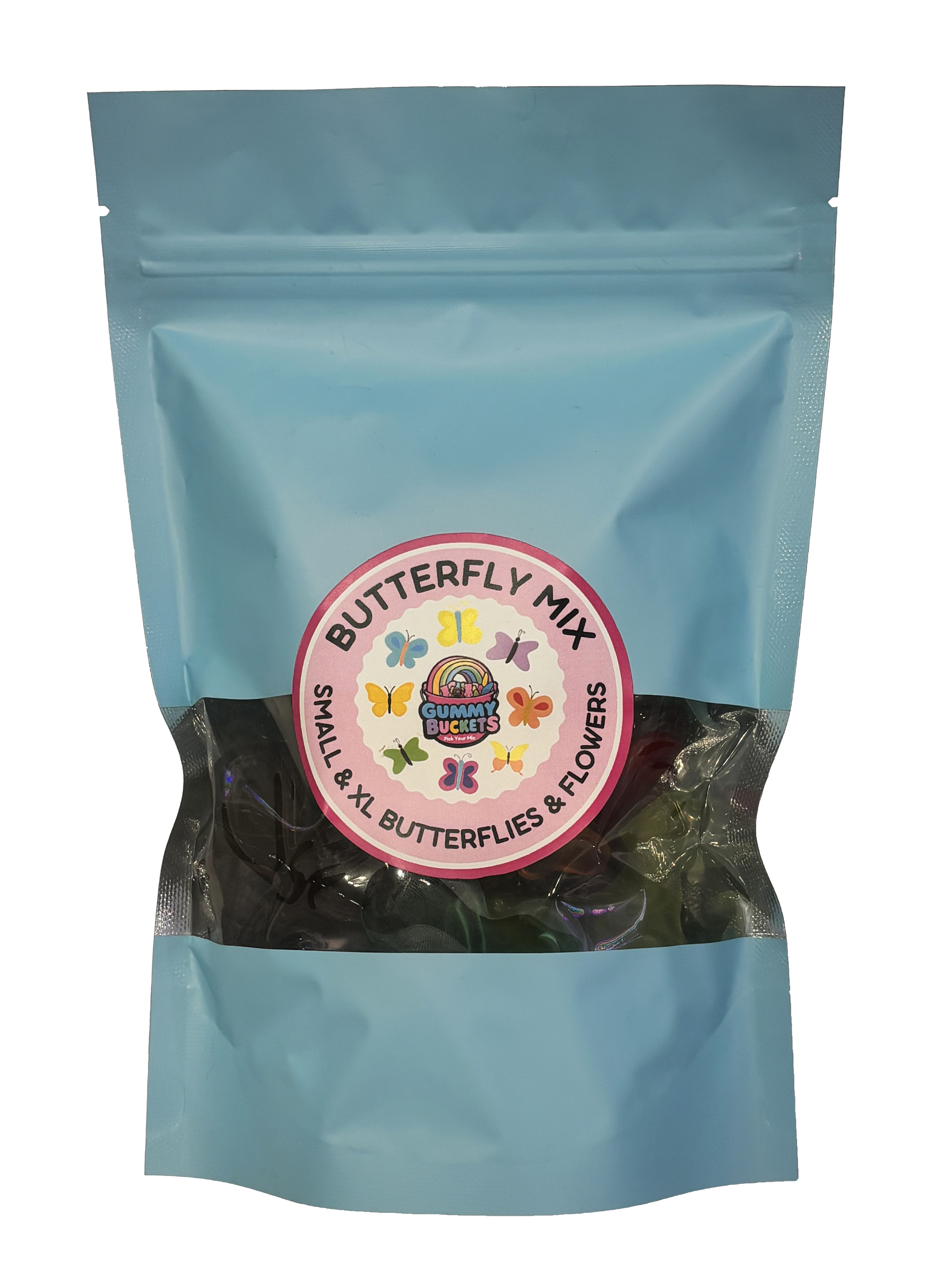 A light blue resealable stand-up pouch of candy gummies with a clear window showing colorful butterfly-shaped gummies inside. A round pink label on the front reads 'BUTTERFLY MIX' and 'SMALL & XL BUTTERFLIES & FLOWERS' with the Gummy Buckets logo in the center.