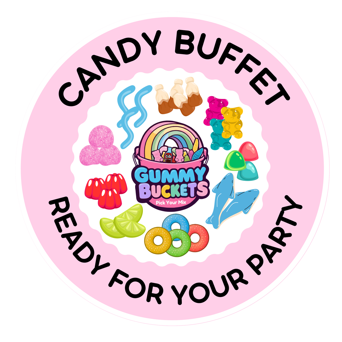 Circular logo for a candy buffet with gummy buckets and colorful candies on a pink background.