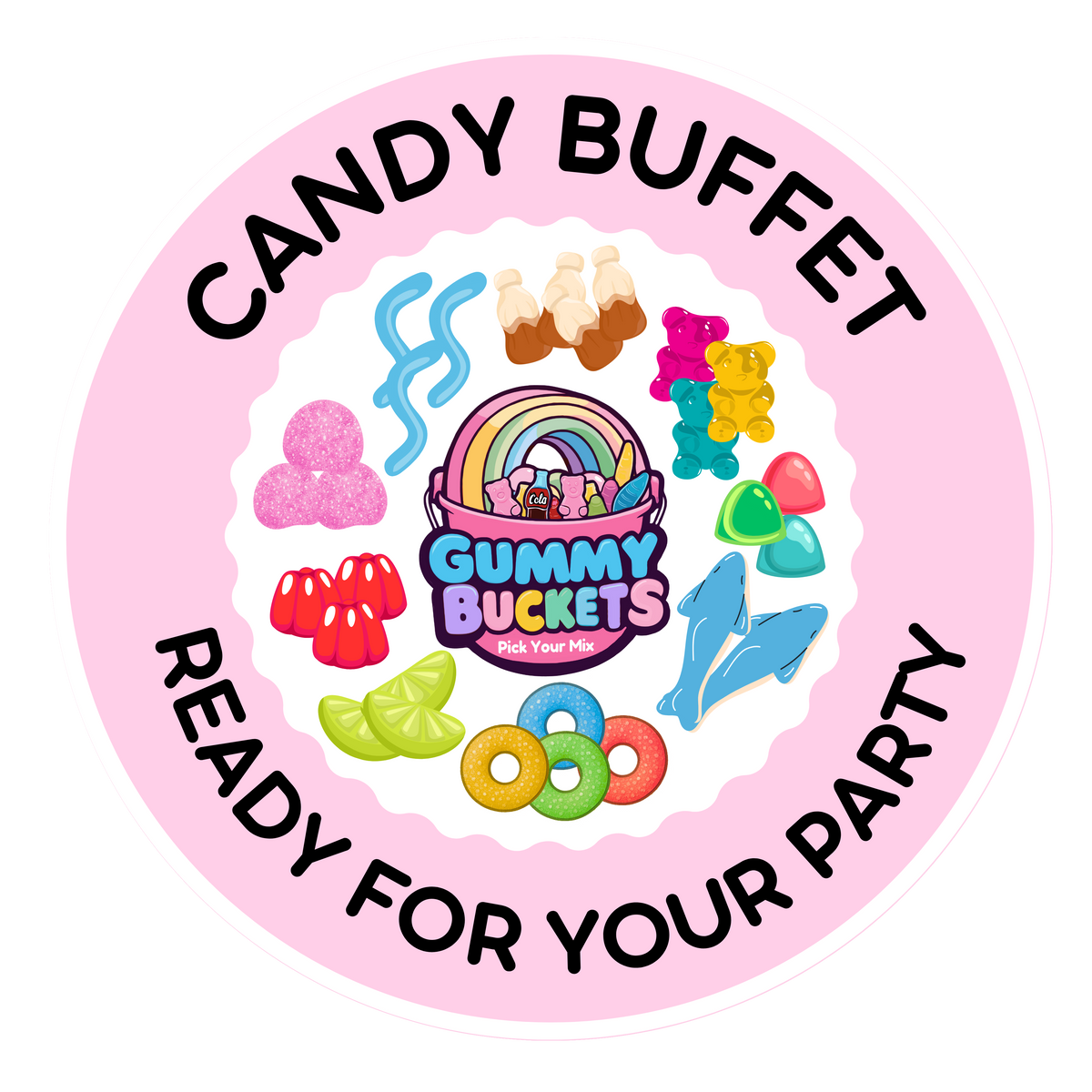 Circular logo for a candy buffet with gummy buckets and colorful candies on a pink background.