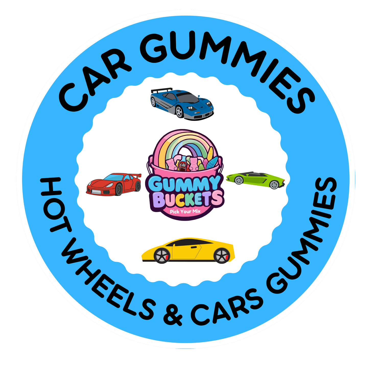 A circular logo for Gummy Buckets Gummies featuring the brand name 'Car Gummies' and 'Hot Wheels & Cars Gummies' in black text on a bright blue ring, with cartoon cars and a rainbow graphic in the center.