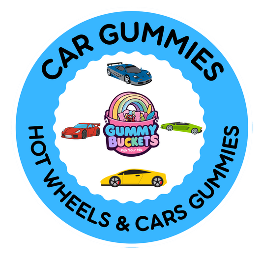 A circular logo for Gummy Buckets Gummies featuring the brand name 'Car Gummies' and 'Hot Wheels & Cars Gummies' in black text on a bright blue ring, with cartoon cars and a rainbow graphic in the center.