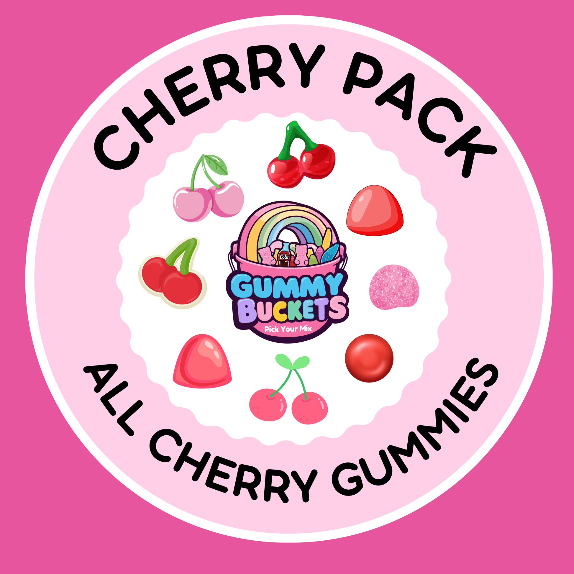 Gummy Buckets Cherry Pack label with cherries and gummy bears on a pink background