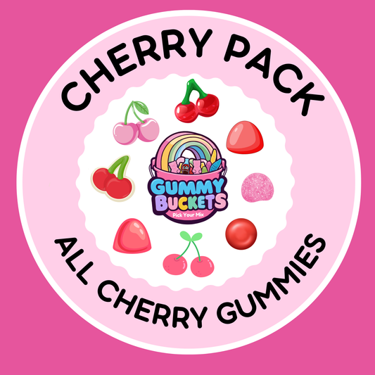 Gummy Buckets Cherry Pack label with cherries and gummy bears on a pink background