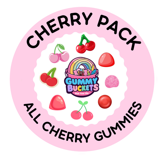 A circular pink graphic with the text 'CHERRY PACK' at the top and 'ALL CHERRY GUMMIES' at the bottom, surrounding a central 'Gummy BUCKETS' logo and illustrated cherry gummies.