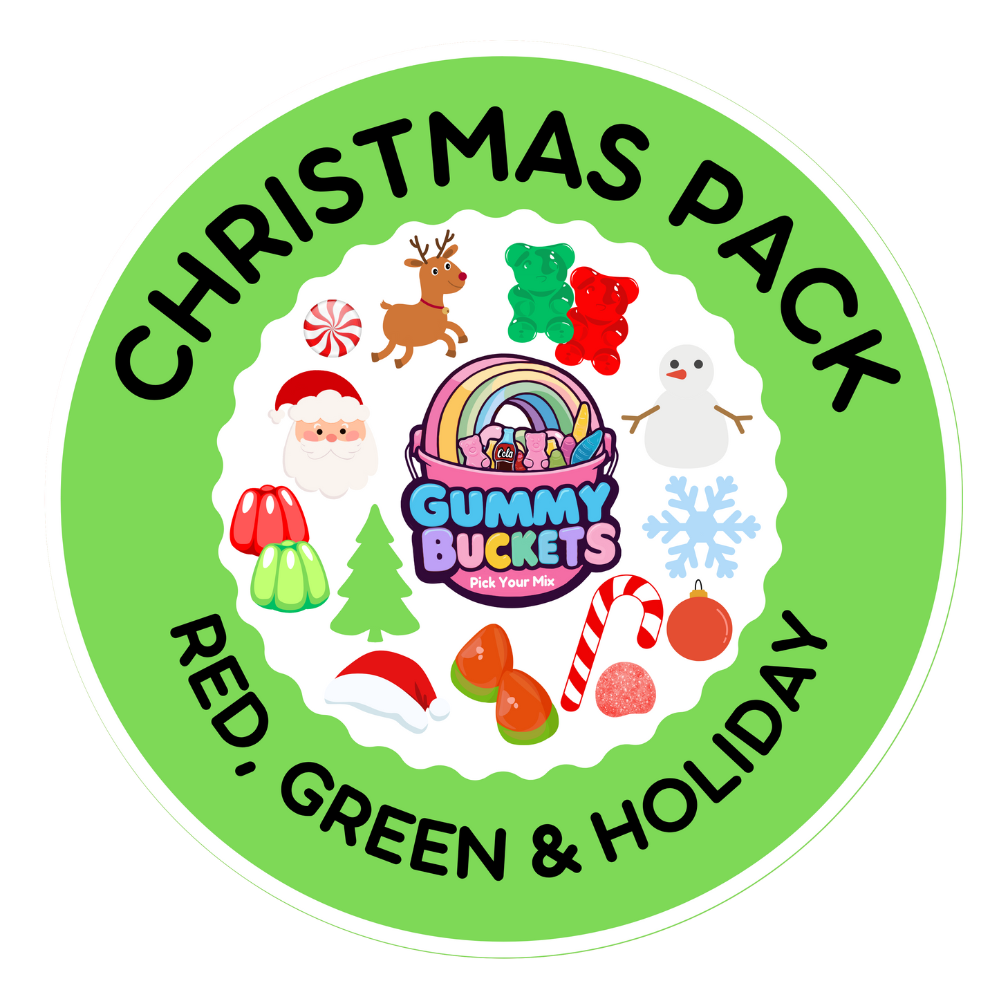 Circular logo for 'Gummy Buckets' Christmas pack with festive illustrations on a green background.
