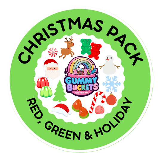 Circular logo for 'Gummy Buckets' Christmas pack with festive illustrations on a green background.