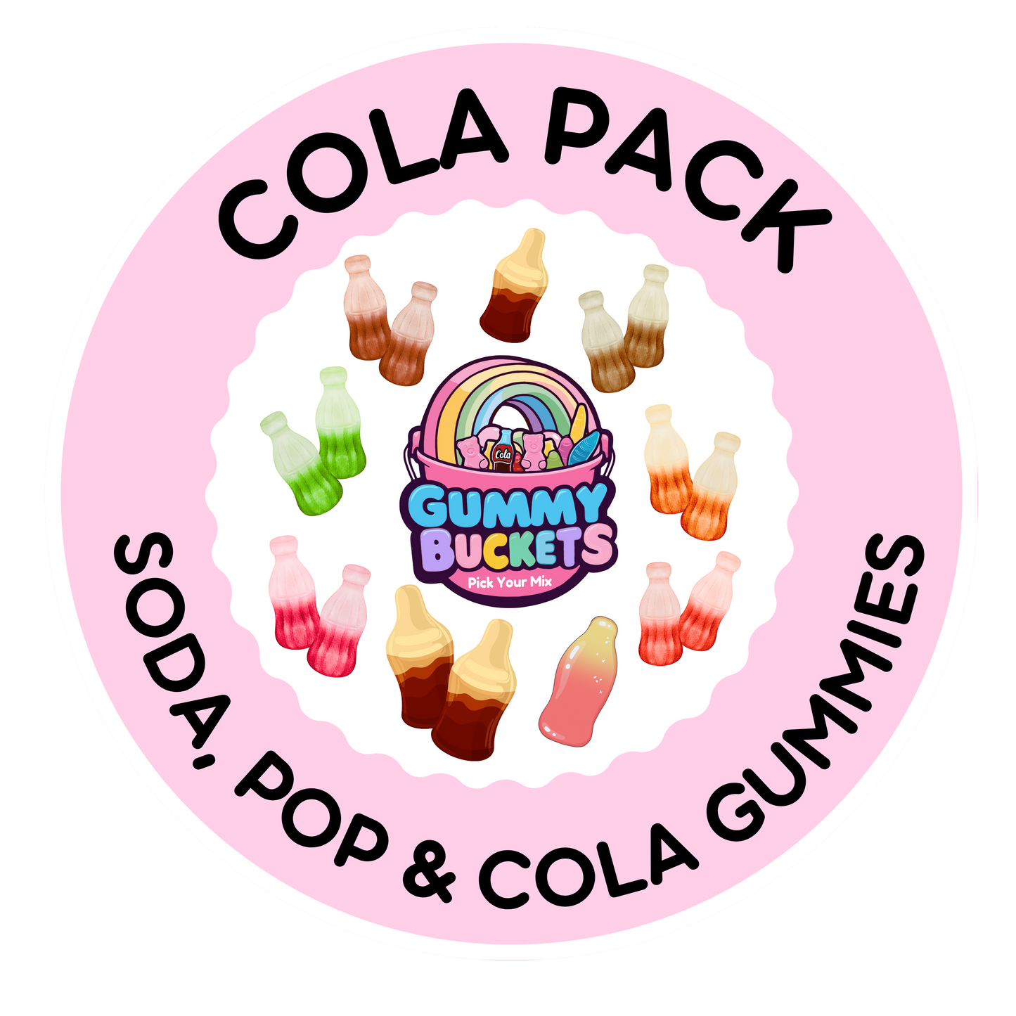 A circular pink label or packaging graphic for a 'Cola Pack' by Gummy Bucketz. The design features a light pink background with a scalloped white inner border, bold black text reading 'COLA PACK' at the top and 'THE ORIGINAL GUMMIES' at the bottom, and an illustration of colorful cola bottles surrounding the brand logo.