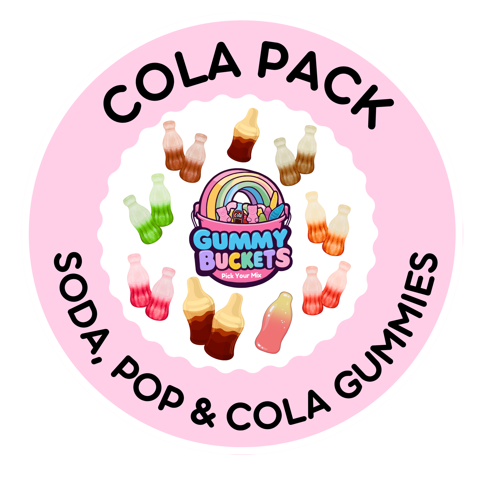 A circular pink label or packaging graphic for a 'Cola Pack' by Gummy Bucketz. The design features a light pink background with a scalloped white inner border, bold black text reading 'COLA PACK' at the top and 'THE ORIGINAL GUMMIES' at the bottom, and an illustration of colorful cola bottles surrounding the brand logo.
