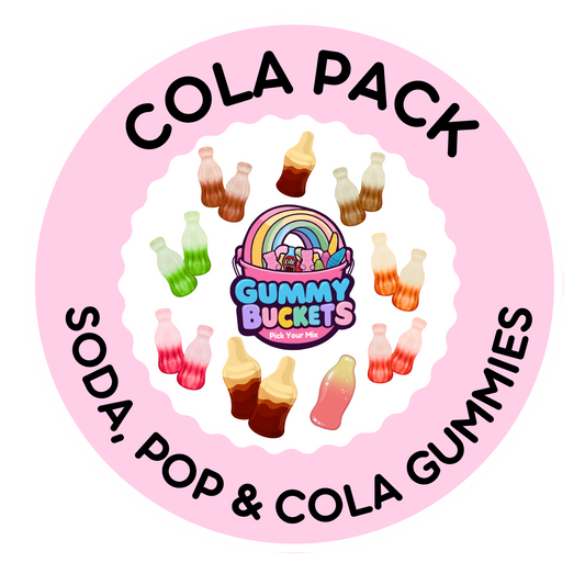 A circular pink label or packaging graphic for a 'Cola Pack' by Gummy Bucketz. The design features a light pink background with a scalloped white inner border, bold black text reading 'COLA PACK' at the top and 'THE ORIGINAL GUMMIES' at the bottom, and an illustration of colorful cola bottles surrounding the brand logo.