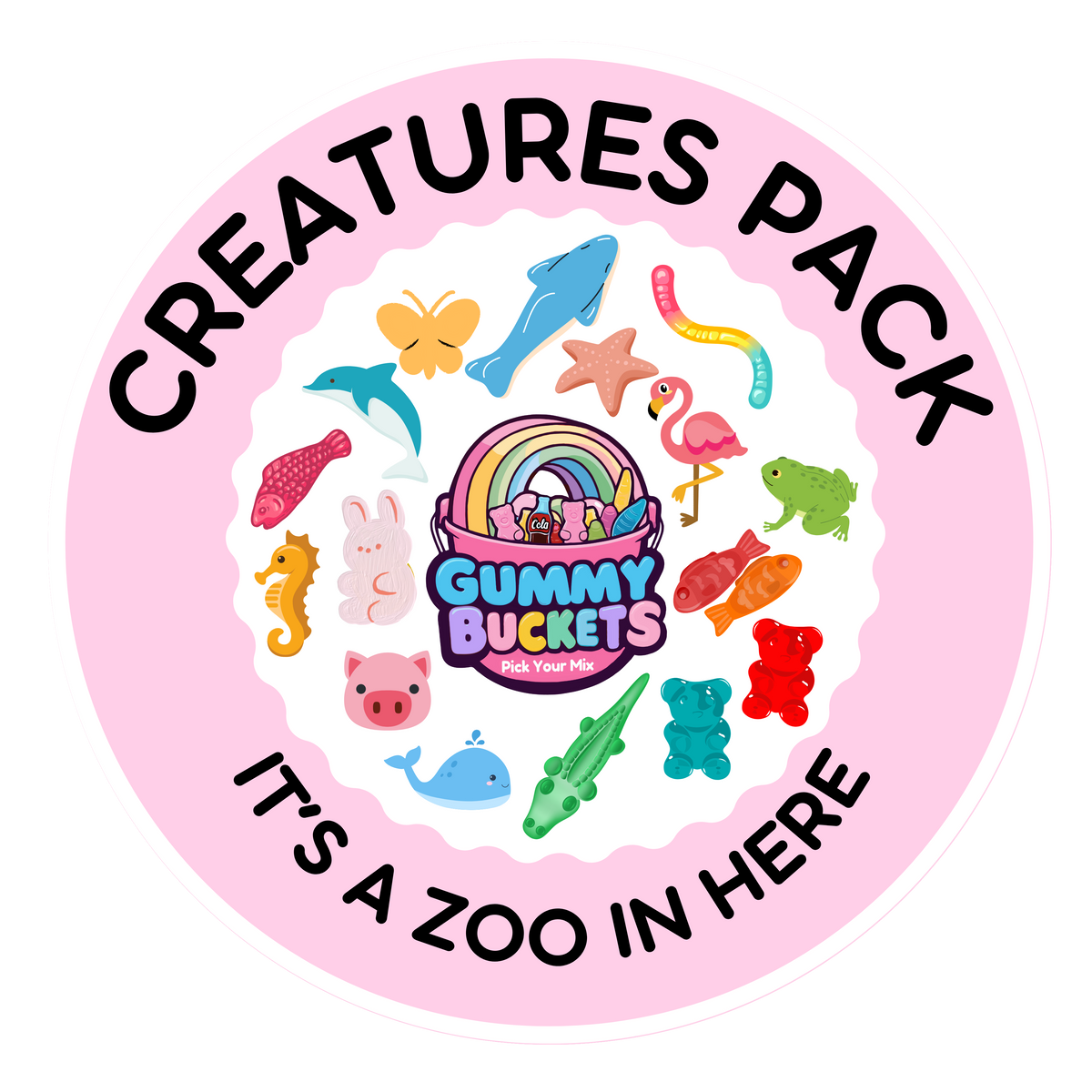 A round promotional sticker or label for a 'Creatures Pack' featuring a pink border and white center. The center shows the 'Gummy Buckets London' logo surrounded by colorful cartoon animal illustrations, including a dolphin, flamingo, frog, crocodile, turtle, rabbit, and gummy bear.