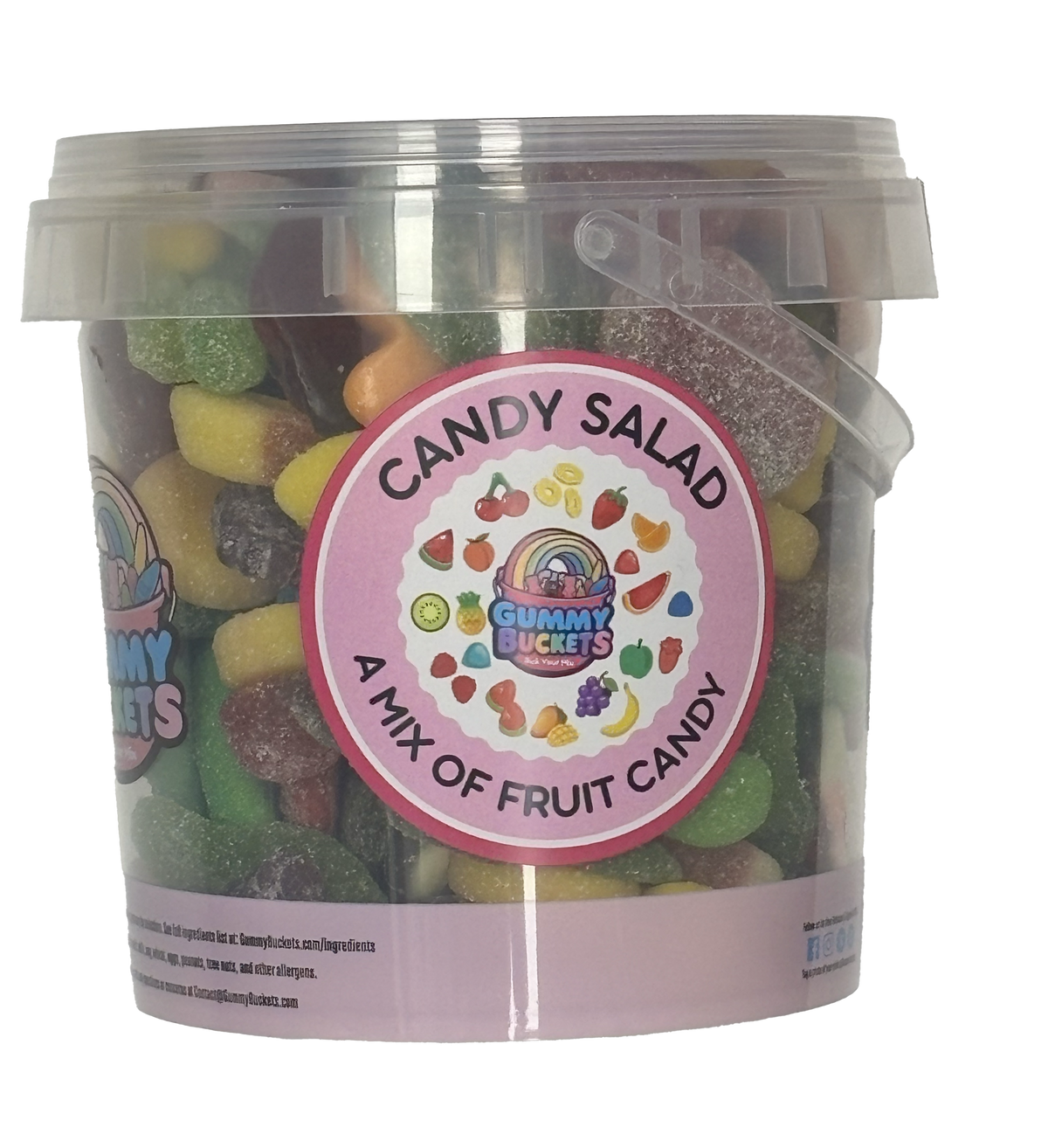 A clear plastic bucket filled with assorted gummy candies, featuring a pink circular label that reads 'CANDY SALAD' and '4 MIX OF FRUIT CANDY' with the Gummy Buckets logo. The bucket is photographed on a plain white background.