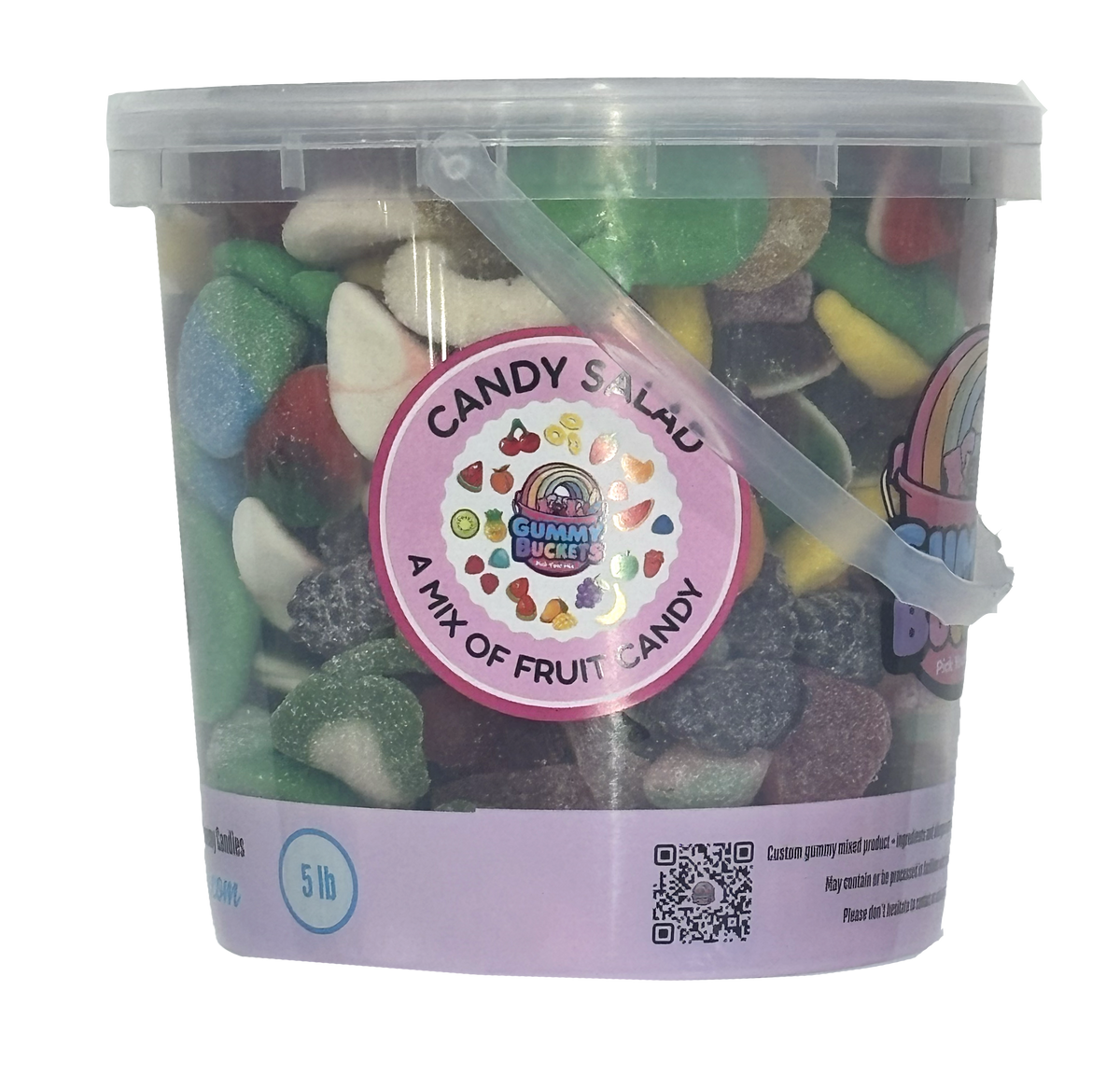 A 5 lb clear plastic tub filled with a colorful fruit candy mix labeled 'Candy Salad' by Gummy Lickers. The tub has a clear lid, a clear plastic handle, and a light purple label at the bottom with a QR code.