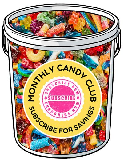 A cartoon-style white candy bucket filled with assorted colorful gummy candies and sour candies, with a large yellow circular label reading 'MONTHLY CANDY CLUB' and a pink 'SUBSCRIBE NOW' seal.