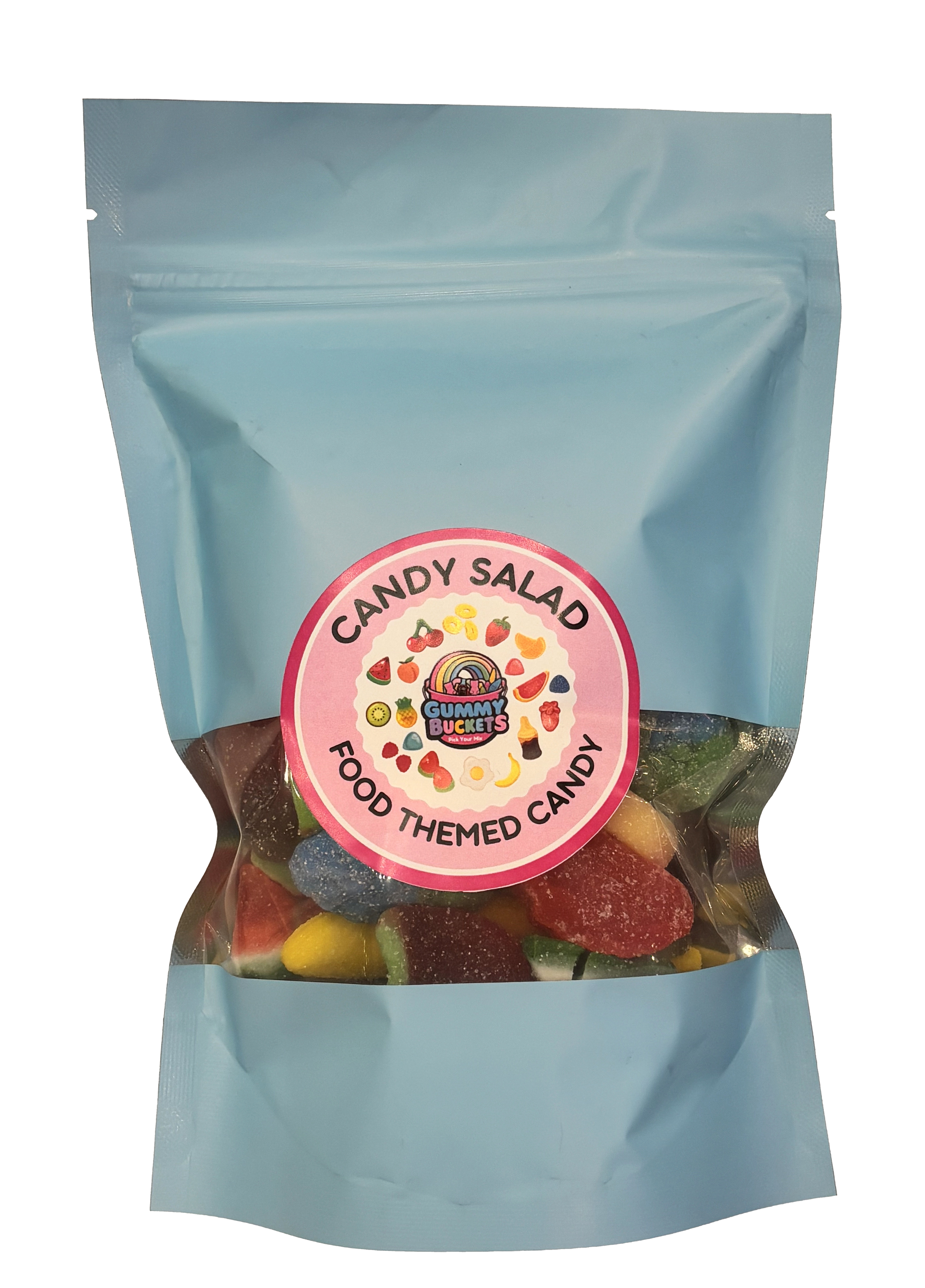 A light blue stand-up resealable pouch of Gummy Bites 'Candy Salad' food themed candy, showing a mix of colorful gummy candies visible through the clear window on a white background.