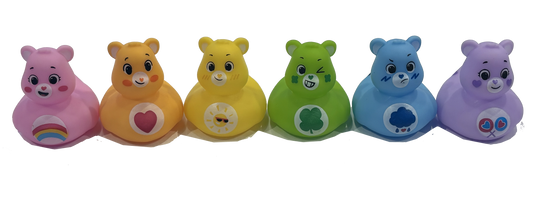 Six Care Bear-themed Rubber Ducks  in pink, orange, yellow, green, blue, and purple, lined up side-by-side against a white background.