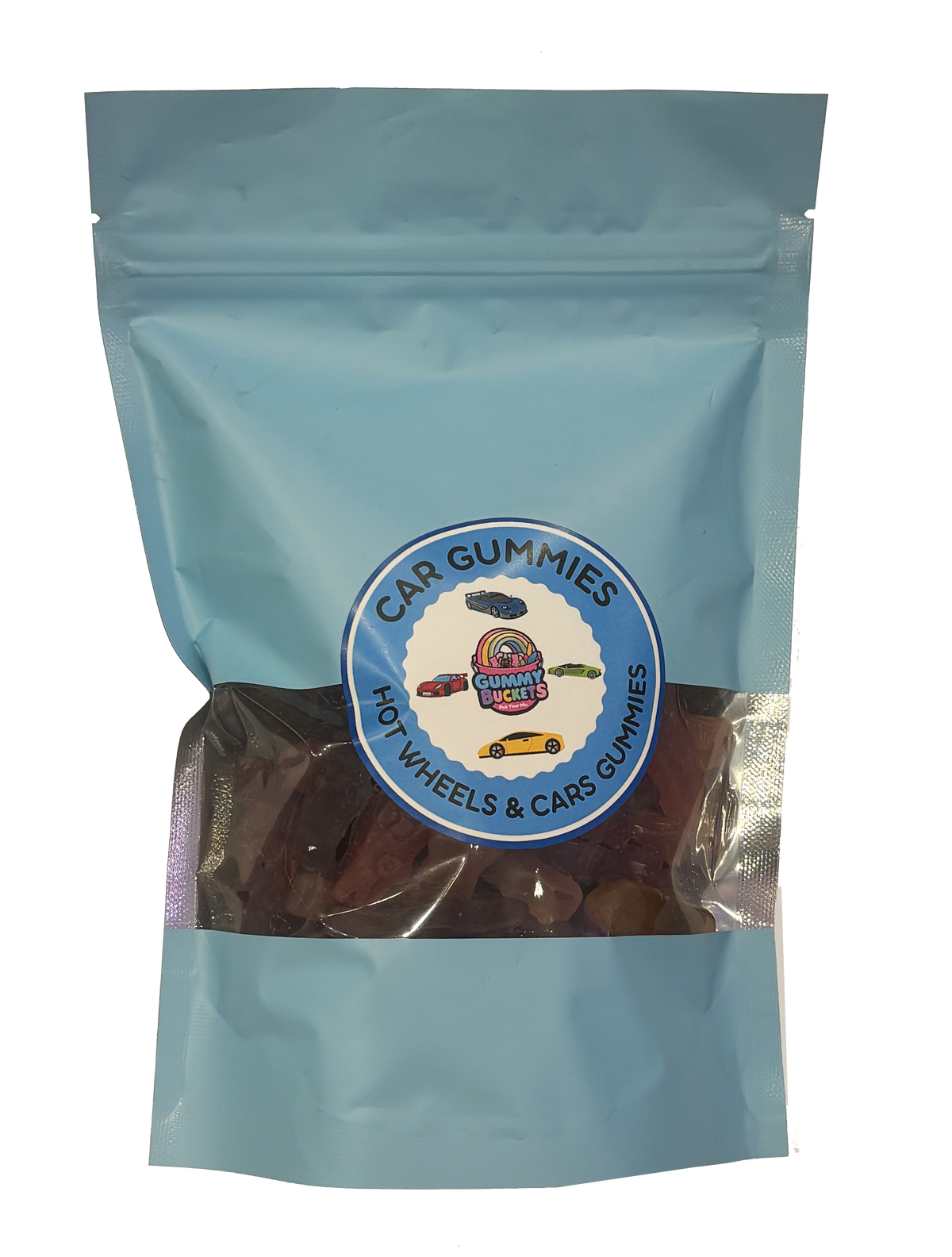 A light blue stand-up pouch of car gummies for wheels and cars, with a clear window showing the brown gummy candies inside. A circular logo on the front reads 'CAR GUMMIES FOR WHEELS & CARS GUMMIES' with a small cartoon car and wheel graphic.