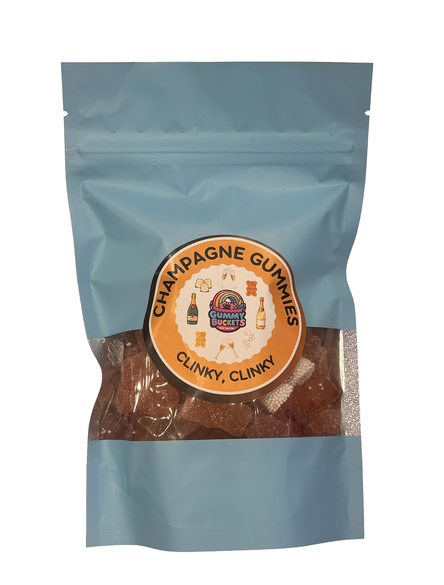 A light blue resealable stand-up pouch with a clear window showing golden amber champagne-flavored gummy bears inside. A round orange label on the front reads 'CHAMPAGNE GUMMIES' and 'CLINKY, CLINKY' with the Gummy Buckets logo surrounded by illustrated champagne bottles and glasses in the center.
