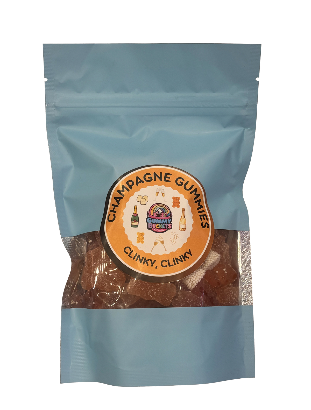 A light blue resealable stand-up pouch with a clear window showing golden amber champagne-flavored gummy bears inside. A round orange label on the front reads 'CHAMPAGNE GUMMIES' and 'CLINKY, CLINKY' with the Gummy Buckets logo surrounded by illustrated champagne bottles and glasses in the center.