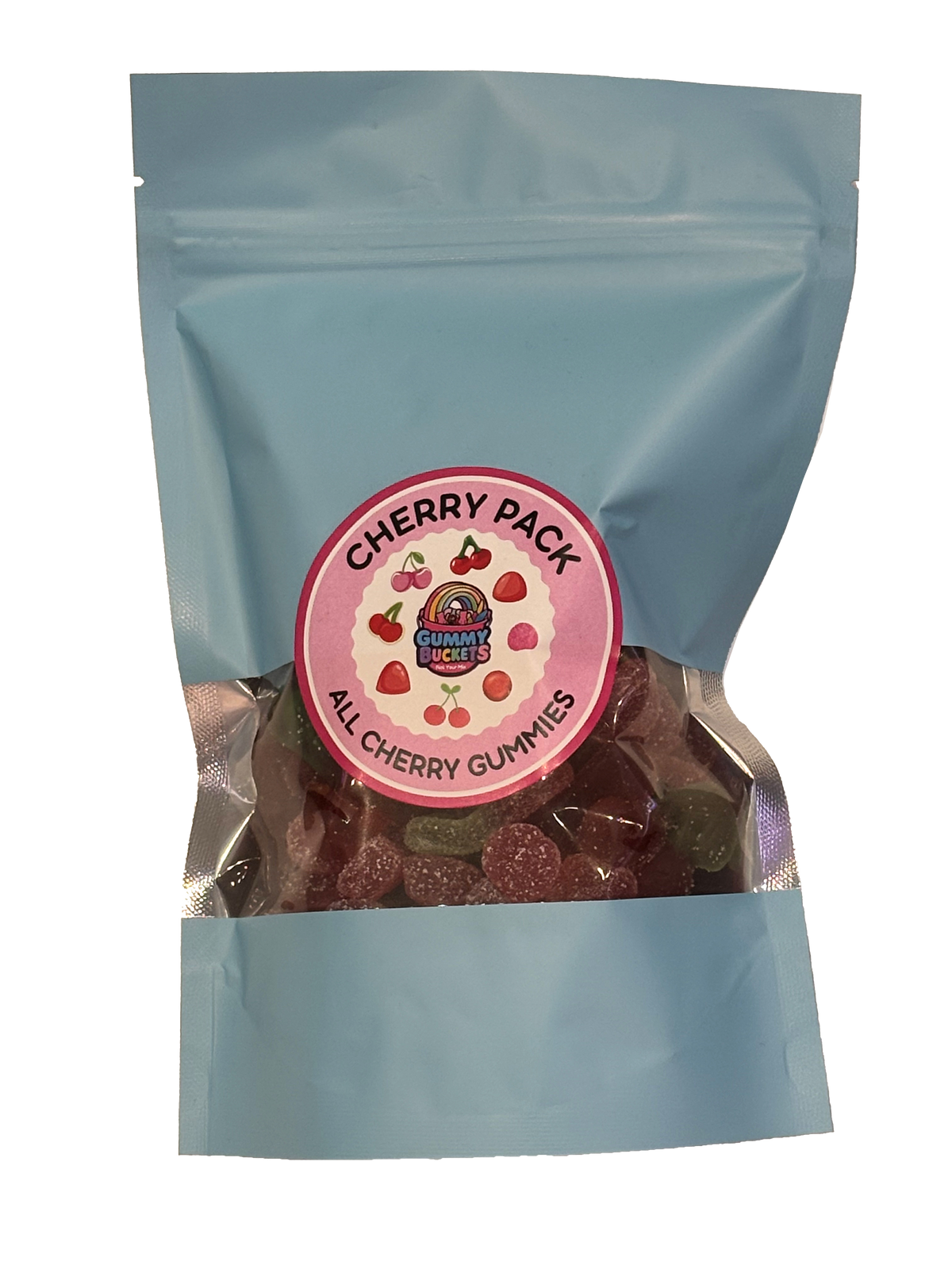 A light blue resealable stand-up pouch with a clear window showing deep red cherry-flavored gummy candies inside. A round pink label on the front reads 'CHERRY PACK' and 'ALL CHERRY GUMMIES' with the Gummy Buckets logo surrounded by illustrated cherries and strawberries in the center.