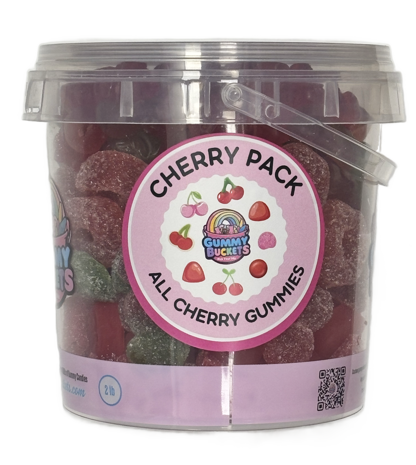 A 2 lb clear plastic bucket filled with sugar-dusted cherry-shaped gummy candies, featuring a pink circular label that reads 'CHERRY PACK' and 'ALL CHERRY GUMMIES' with the Gummy Buckets logo.