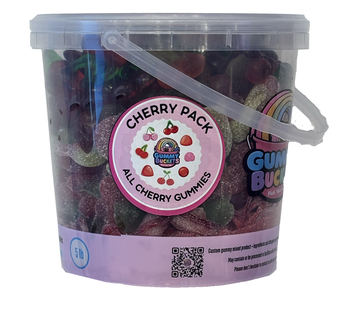 A 5 lb clear plastic bucket filled with assorted cherry-shaped gummy candies, featuring a pink circular label that reads 'CHERRY PACK' and 'ALL CHERRY GUMMIES,' with a Gummy Bucket brand logo and a clear handle on a white background.