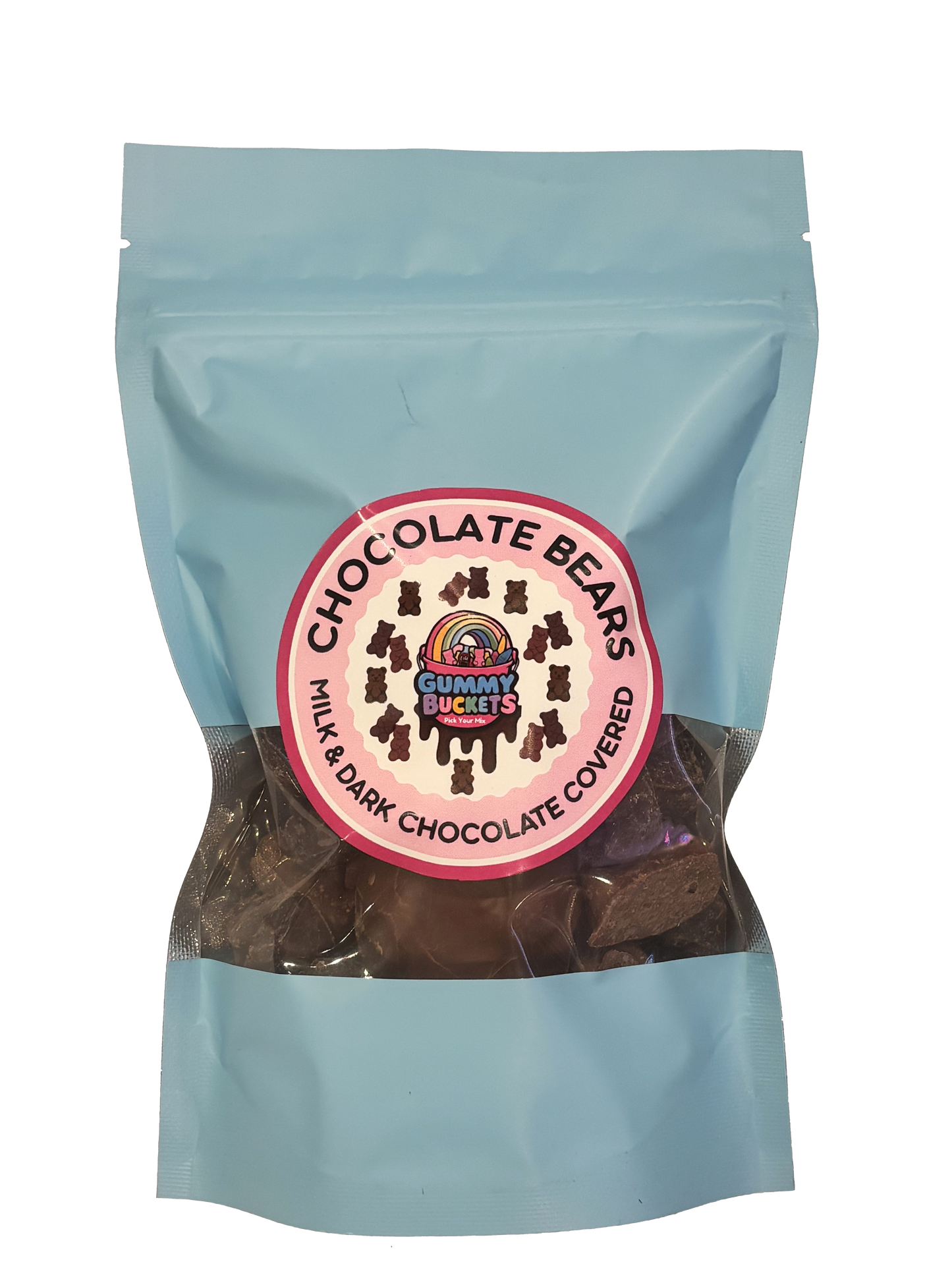 A light blue resealable stand-up pouch with a clear window showing milk and dark chocolate-covered gummy bears inside. A round pink label on the front reads 'CHOCOLATE BEARS' and 'MILK & DARK CHOCOLATE COVERED' with the Gummy Buckets logo surrounded by illustrated chocolate bear icons in the center.