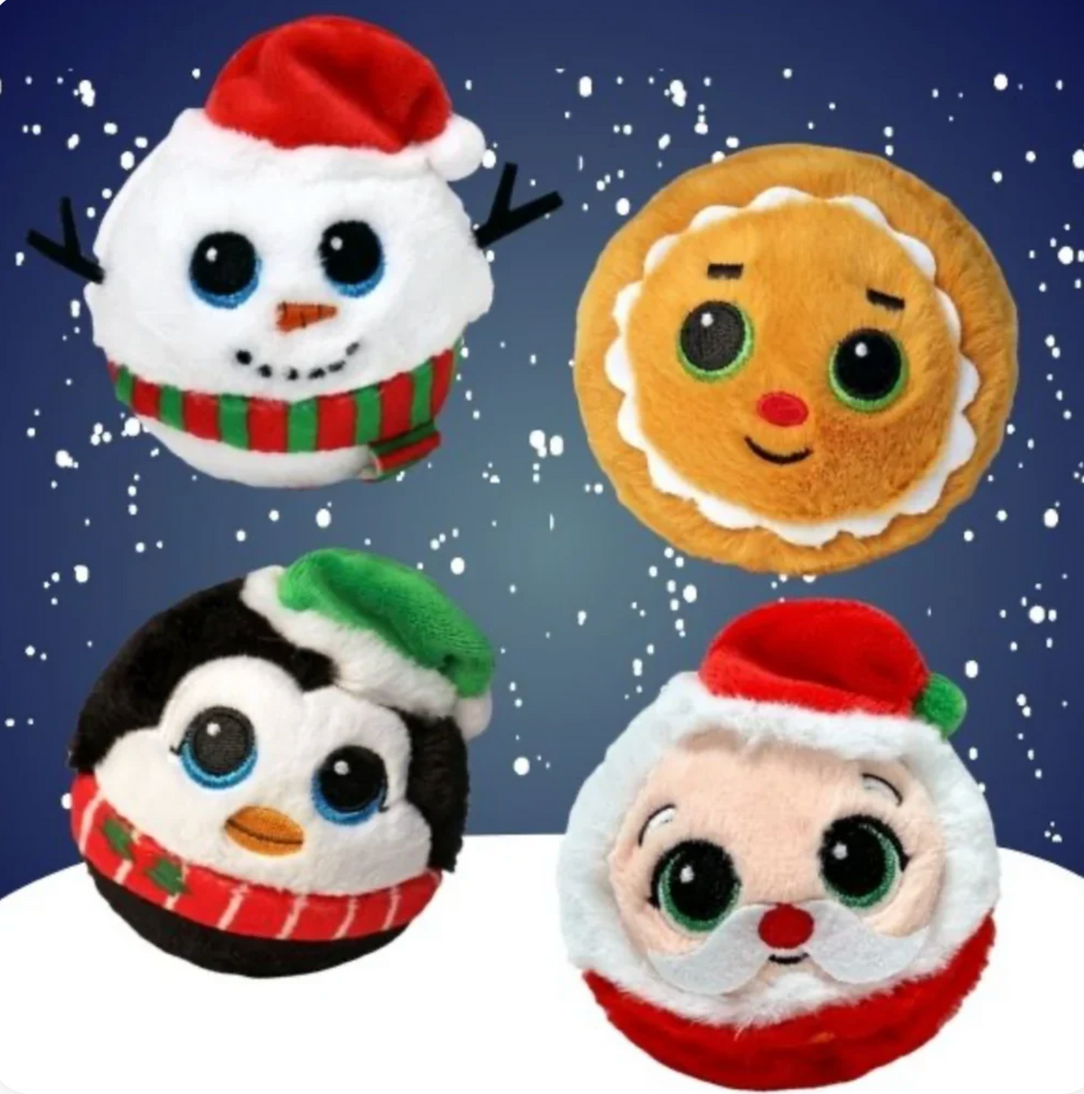 TY holiday bouncer characters featuring a snowman, gingerbread cookie, penguin, and Santa.