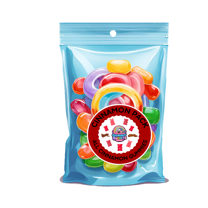 Packaged gummy candies with a cinnamon flavor label on a white background