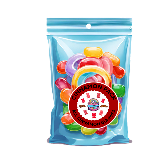Packaged gummy candies with a cinnamon flavor label on a white background