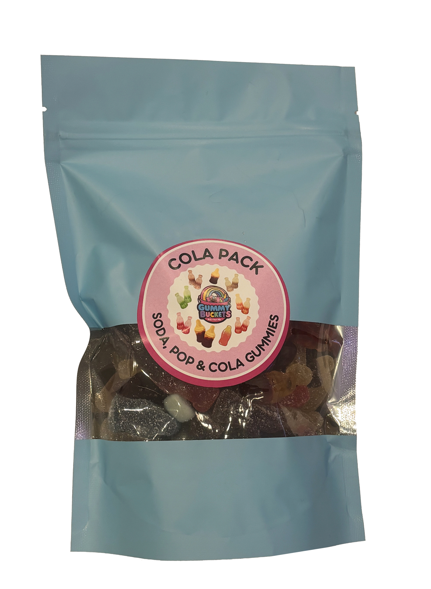 A light blue stand-up pouch of Gummy Pop's 'Cola Pack' soda pop and cola gummies, featuring a clear window that displays the assorted gummies inside.