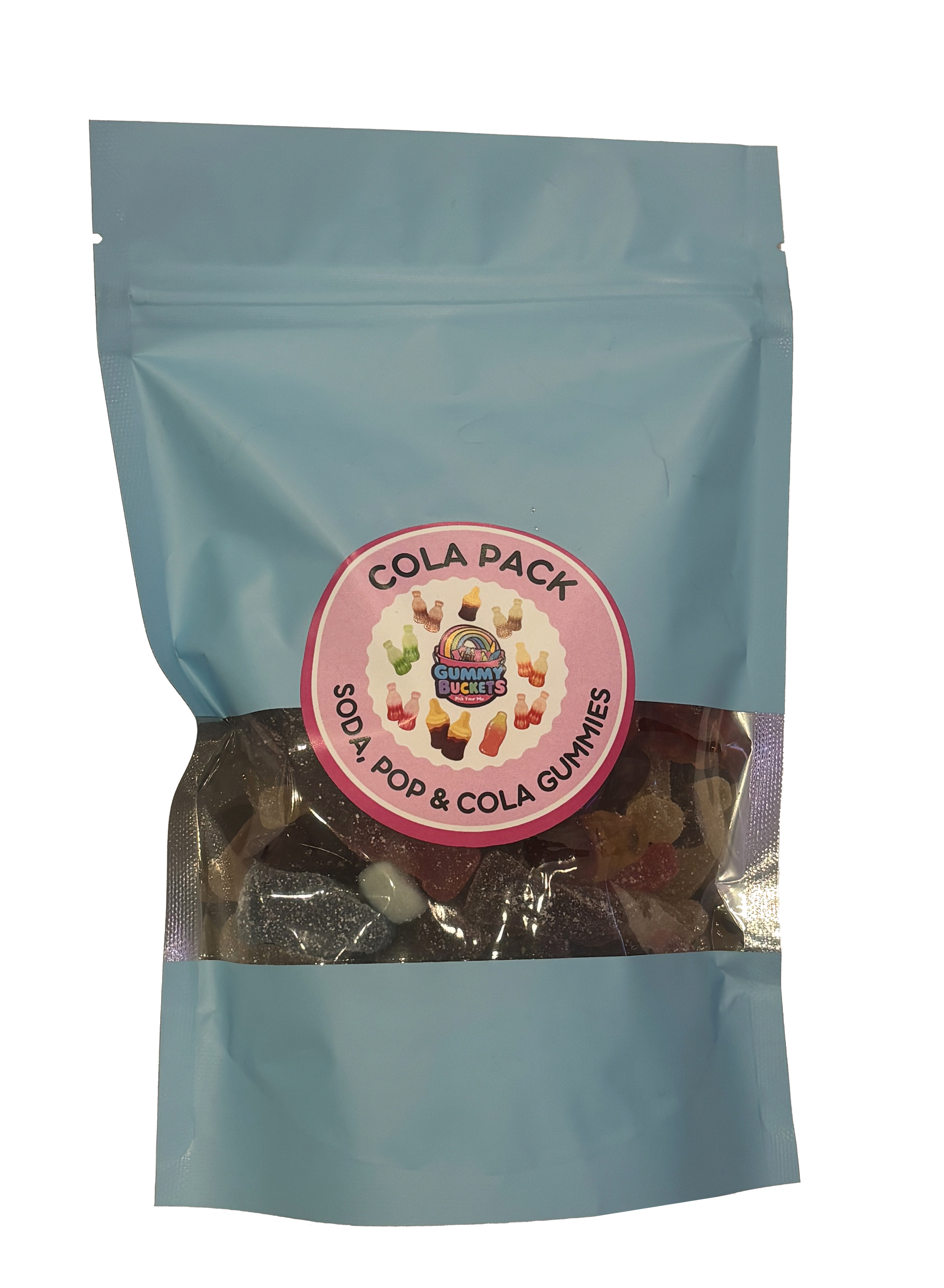 A light blue stand-up pouch of Gummy Pop's 'Cola Pack' soda pop and cola gummies, featuring a clear window that displays the assorted gummies inside.