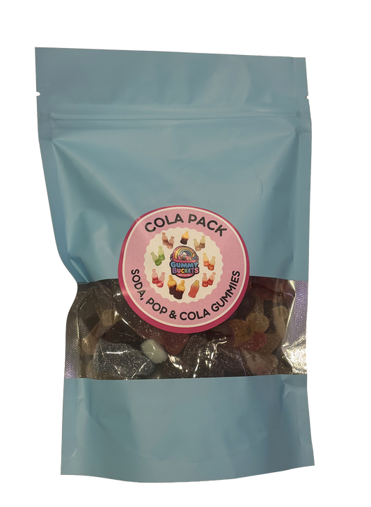 A light blue stand-up pouch of Gummy Pop's 'Cola Pack' soda pop and cola gummies, featuring a clear window that displays the assorted gummies inside.