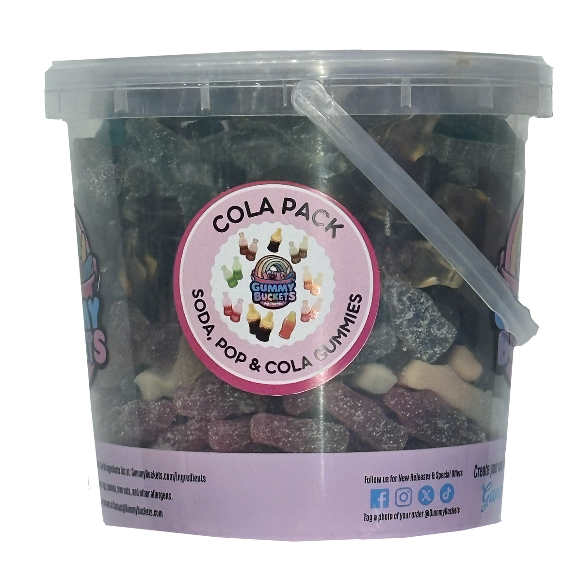 A clear plastic tub of Glushka Bakes 'Cola Pack' soda pop and cola gummies, featuring a pink circular label and a clear plastic scoop inside.