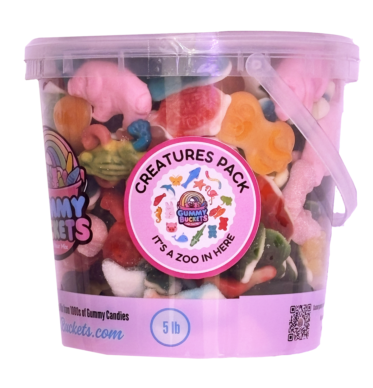 A clear Gummy Buckets 5-pound bucket filled with colorful animal-shaped gummy candies and a pink Creatures Pack label.
