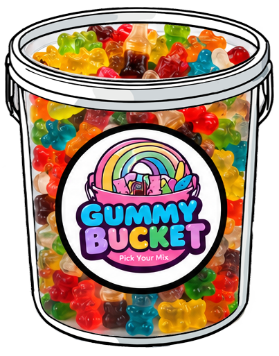 A cartoon-style illustration of a clear plastic bucket filled with assorted colorful gummy bears, with a large round label reading 'GUMMY BUCKET' and 'Pick Your Mix.'.