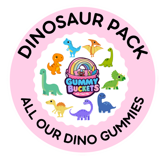 A circular pink graphic with the text 'DINOSAUR PACK' and 'ALL OUR DINO GUMMIES' surrounding a central logo that reads 'Gummy BUCKETS GUMMY CANDY'. Around the logo are ten colorful cartoon dinosaurs on a white scalloped background.