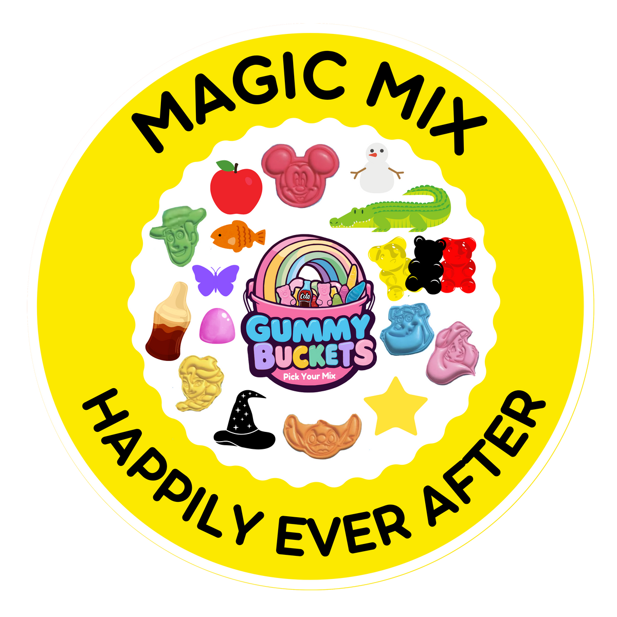 A circular yellow sticker or decal with black text reading 'MAGIC MIX HAPPILY EVER AFTER' around a central multicolor gummy bucket illustration and assorted candy icons.
