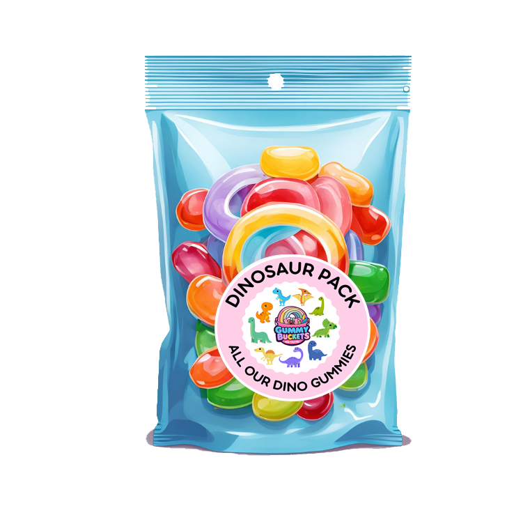 Packaged colorful gummy dinosaurs with a blue transparent bag on a white background