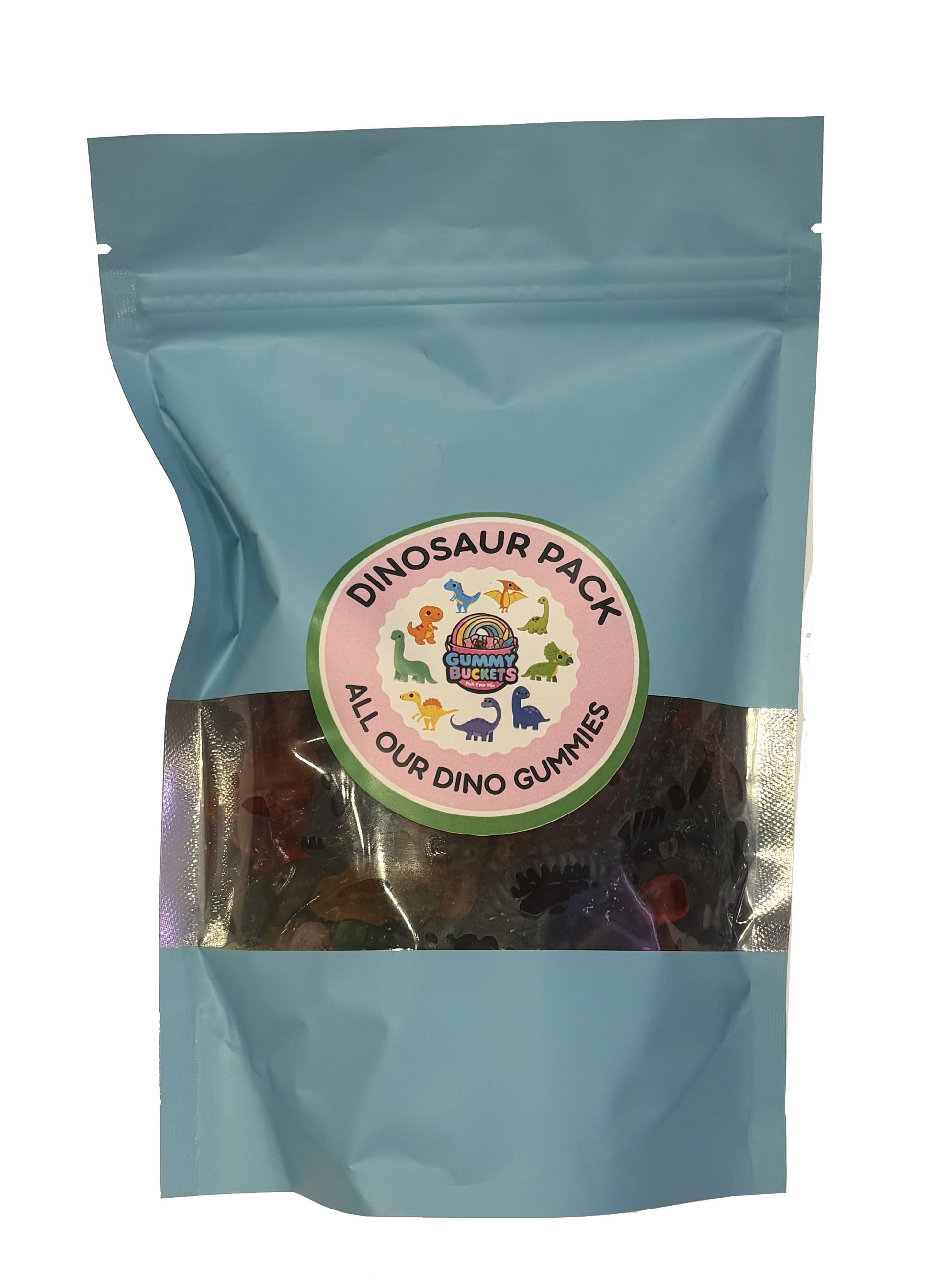 A light blue resealable stand-up pouch containing a dinosaur-themed gummy candy mix. A circular label on the front reads 'DINOSAUR PACK' and 'ALL OUR DINO GUMMIES,' with colorful dinosaur illustrations and the brand name 'Dino Gummy Bites.