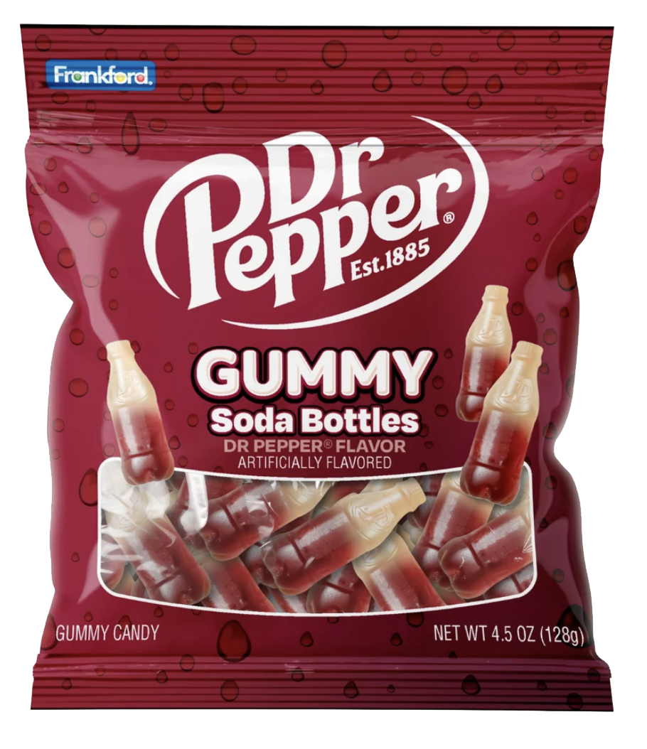 Dr Pepper Gummy Soda Bottles candy in a burgundy bag with a clear window
