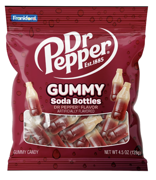 Dr Pepper Gummy Soda Bottles candy in a burgundy bag with a clear window
