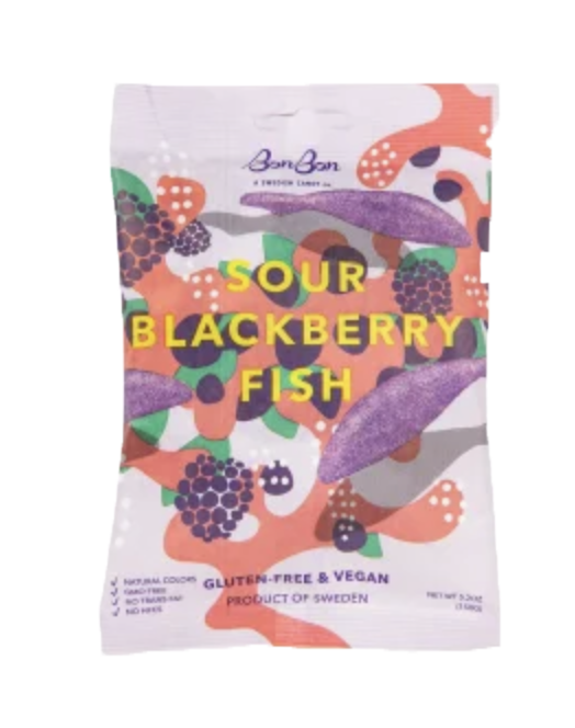 BonBon brand Sour Blackberry Fish flavored snack pouch, featuring a colorful pattern of purple fish, blackberries, and orange abstract shapes on a white background.